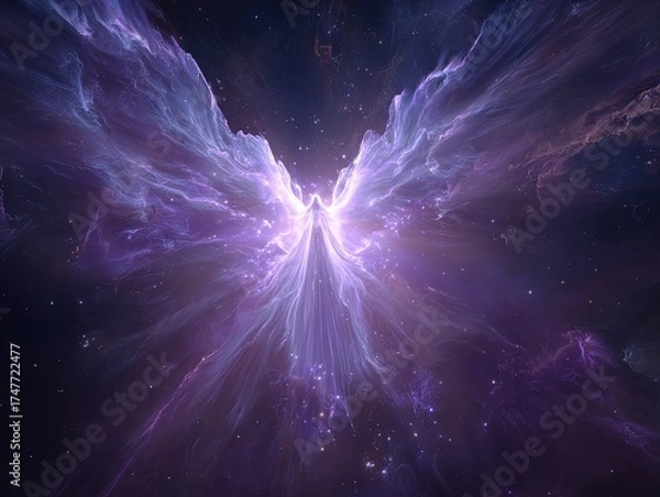 Fototapeta Angelic Nebula with Cosmic Creation Light, Divine Purple Blue Hues in Starry Space