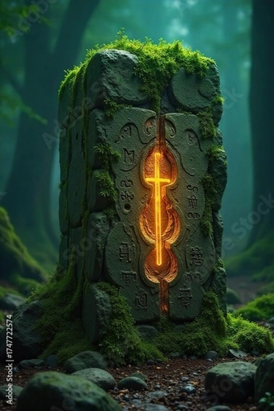 Obraz Ancient Runestone Eerie Moss-Covered Stone Pulsates with Inner Light, Hinting at Forgotten Lore and Monstrous Power