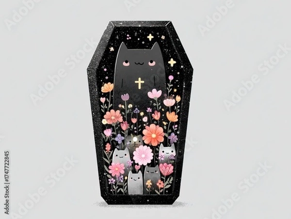 Fototapeta Black coffin with cross cartoon vector illustration, flat design cute sticker art in pastel colors with white border