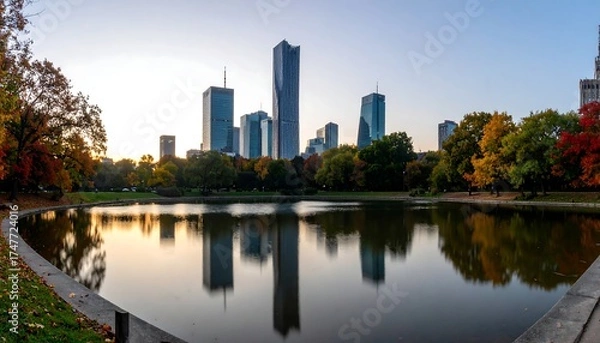 Obraz Autumn park reflecting city skyline