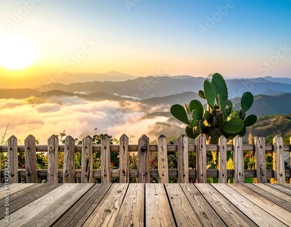 Obraz Sunrise mountain vista from a wooden deck