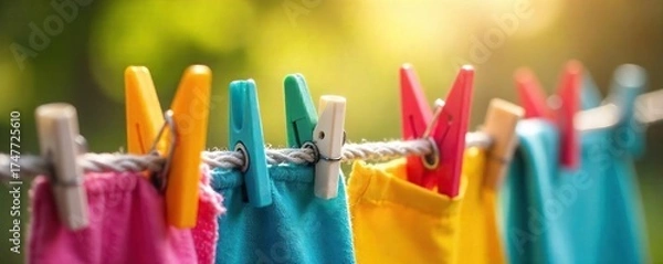 Obraz Sunny Clothesline with Colorful Clothespins and Laundry Spring Cleaning and Household Organization