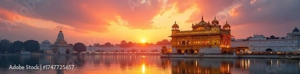 Obraz Golden Ganesh Temple Sunrise Shimmering Gold and Vibrant Sky, Peaceful Atmosphere, Perfect for Travel, Spirituality, and Religious Designs