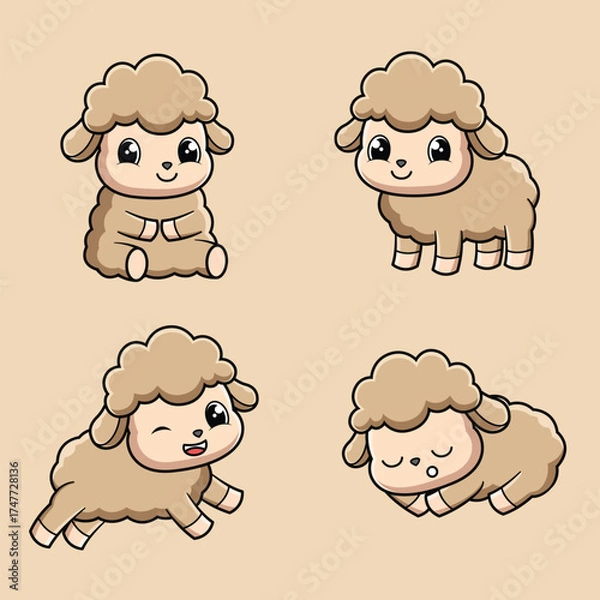 Fototapeta Set of 4 Cute Baby Sheep or Lamb Cartoon Poses Vector Illustration Sitting, Standing, Running and Sleeping