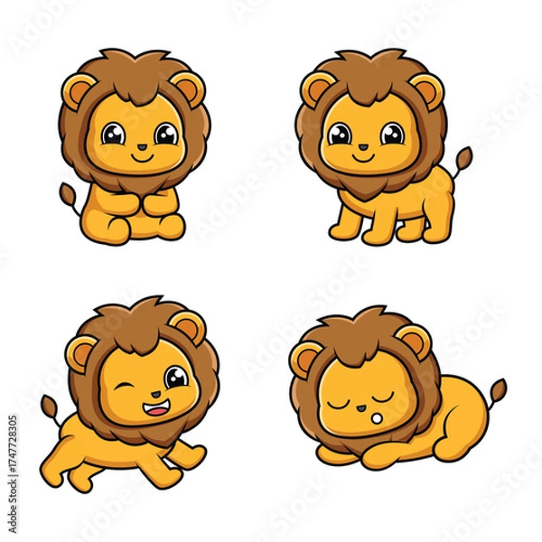 Obraz Set of Cute Little Lion Mascot Collection Sitting, Standing, Running, and Sleeping