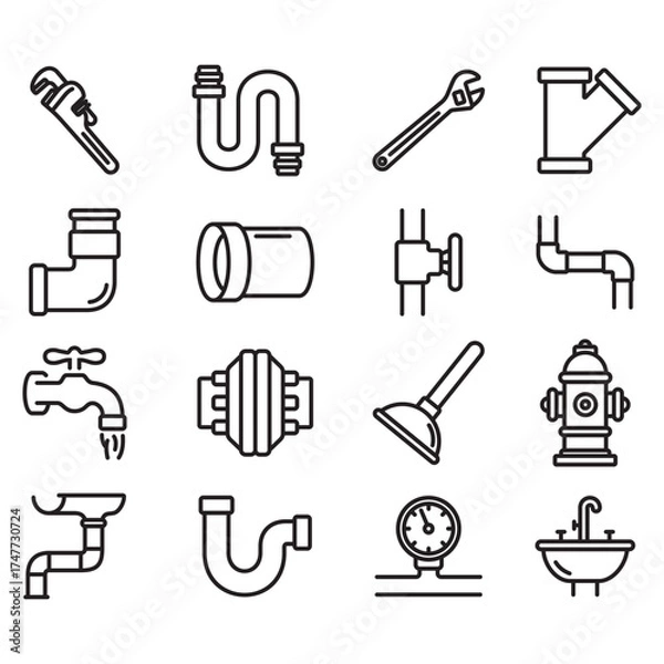 Fototapeta A collection of plumbing icons. Thin line vectors. Contains icons of various shapes and types of pipes, ducts, and more.