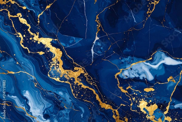 Fototapeta A dramatic, luxurious abstract marble texture with deep swirling navy and cobalt blues and dramatic veins and splatters of metallic gold.
