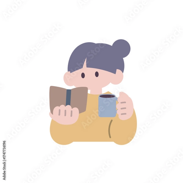 Fototapeta コーヒーを飲みながら本を読む女性