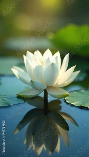 Obraz Serene White Lotus Blossom Unfurling on Calm Pond, Peaceful Tranquil Water Lily Reflecting Sunlight, Purity Enlightenment Zen