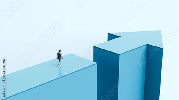 Fototapeta Man walking across large broken arrow, overcoming gap, courage, challenge, determination, resilience, progress - 3d render