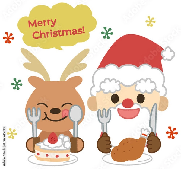 Fototapeta クリスマスディナーを食べる可愛いトナカイとサンタのアイコンイラスト