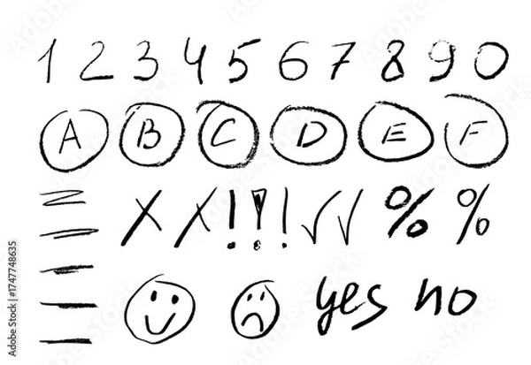 Fototapeta Crayon line grade mark. Handwriting pencil check score for exam with wrong and good sign in circle. School kids grading and teacher scribble to underline word on paper design. Tick and cross doodle.