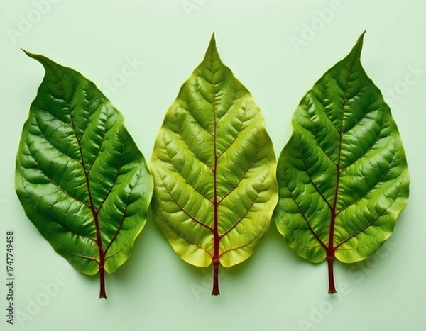 Fototapeta Closeup Green Leaves with Red Stems Plain Background