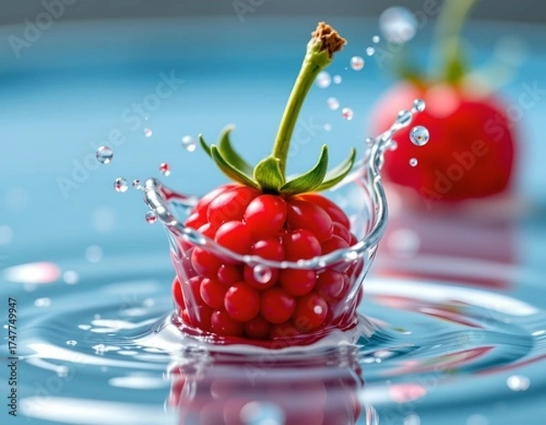 Fototapeta Vibrant Red Berry with Water Splash and Green Leaves