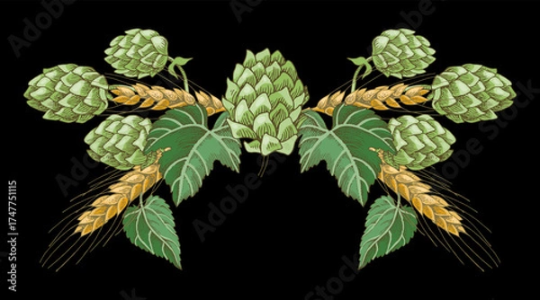 Fototapeta Hop branches with cones and barley ears
