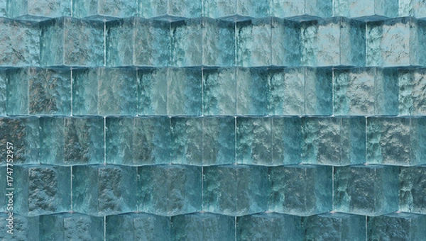 Fototapeta Teal Ice Glass Block Wall With Repeating Rectangular Pattern For Modern Architecture Backdrop