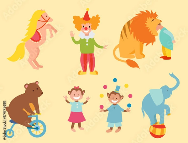 Fototapeta Circus funny animals set of vector icons cheerful zoo entertainment collection juggler pets magician performer carnival illustration.