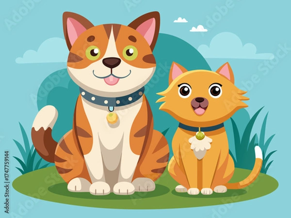 Obraz Cartoon dog and cat sitting together in a grassy field