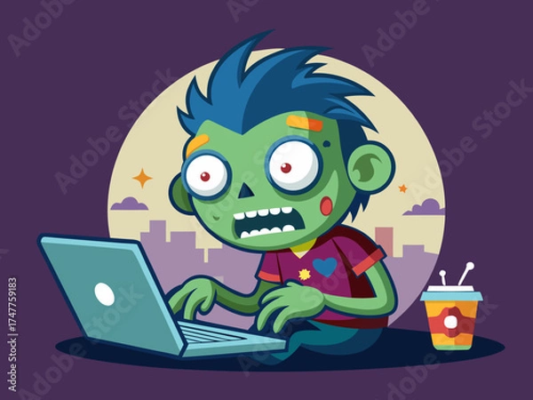 Obraz Cartoon zombie with laptop and coffee cup character