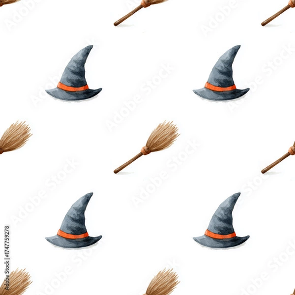 Fototapeta Whimsical watercolor pattern of blue witch hats with orange bands and brown broomsticks on white.