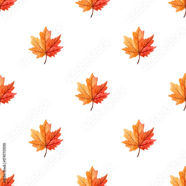 Fototapeta Autumn maple leaves painted in watercolor with orange and red hues on a white seamless pattern, perfect for seasonal designs.