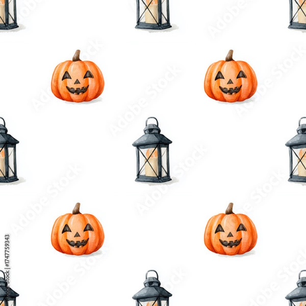 Fototapeta A watercolor pumpkin with a carved face alternating with lanterns on a white seamless pattern, cozy halloween vibe.