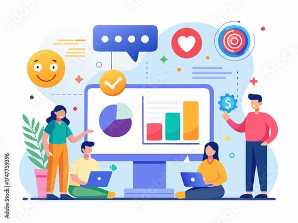 Obraz Diverse team collaborates on digital marketing strategy with data visualization