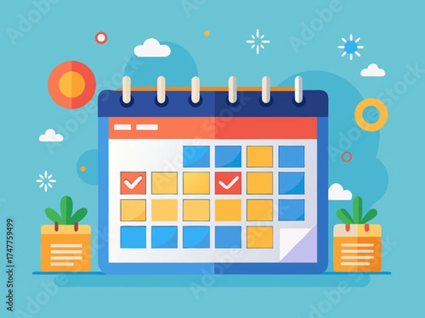 Obraz Flat Design Calendar with Checkmarks and Plants planning