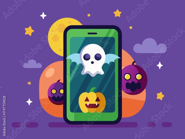 Obraz Halloween Ghost and Pumpkins on a Smartphone Screen