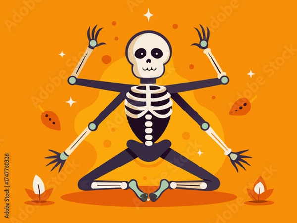 Obraz Skeleton meditating in yoga pose on orange background