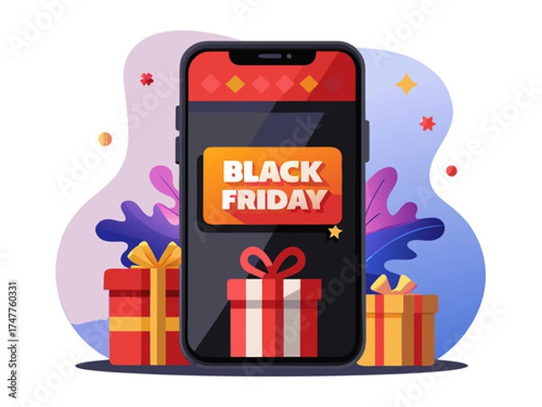 Obraz Smartphone displaying Black Friday with gift boxes