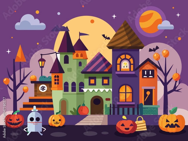 Obraz Spooky Halloween Castle and Houses with Pumpkins and Bats