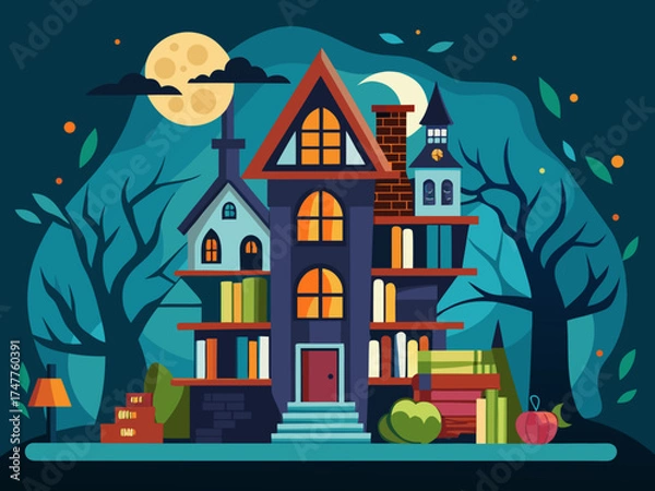 Obraz Spooky haunted house at night with full moon and trees
