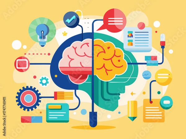 Obraz Stylized Brain with Icons for Ideas, Planning, and Productivity