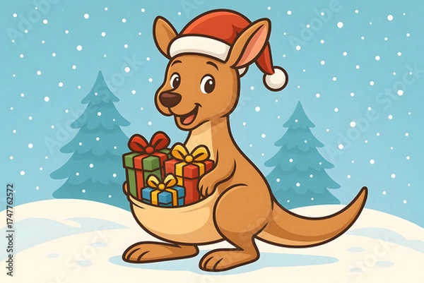 Fototapeta Kangaroo with Baby and Christmas Gifts