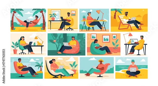 Fototapeta Diverse group of people working remotely on laptops in various comfortable settings, including beach, hammock, office, and beanbag chair, illustrating modern worklife balance and flexibility