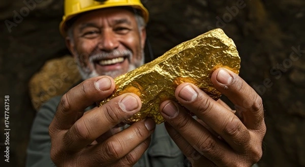Obraz Happy miner holding large gold nugget in cave