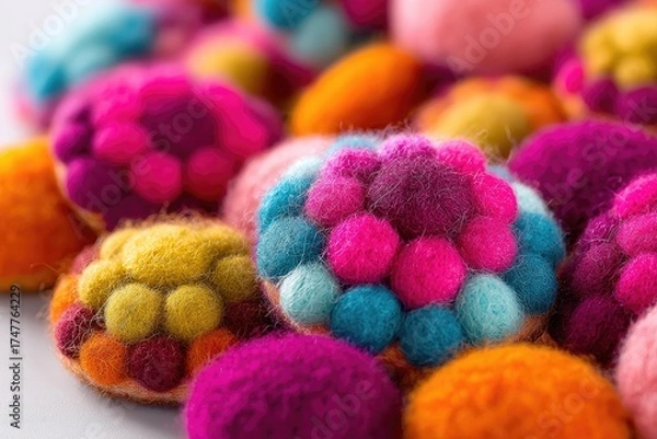 Fototapeta Close-up of colorful felted pom-pom buttons