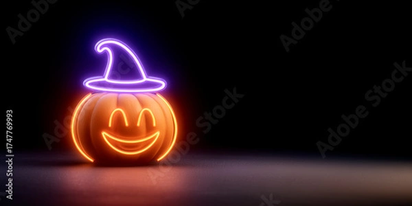 Fototapeta A glowing pumpkin wearing a neon witch hat with a bright, smiling face against a dark background.