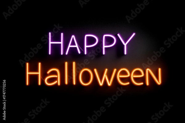 Fototapeta A vivid neon sign reading Happy Halloween in purple and orange against a dark background, bright and festive.