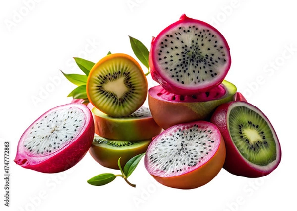 Fototapeta Vibrant assortment of exotic dragon fruit and fresh kiwi slices on a dark background