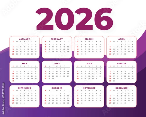 Fototapeta Modern and minimal 2026 calendar template with colorful wave design. Perfect for business, corporate, or personal use. Fully editable and printable layout