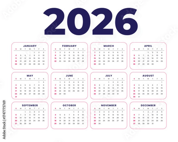 Fototapeta Modern and minimal 2026 calendar template with colorful wave design. Perfect for business, corporate, or personal use. Fully editable and printable layout