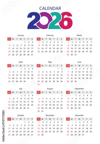 Fototapeta Modern and minimal 2026 calendar template with colorful wave design. Perfect for business, corporate, or personal use. Fully editable and printable layout