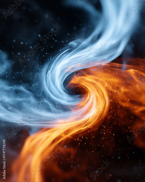 Fototapeta A mesmerizing vortex of fire and ice, symbolizing balance and contrast. The image features a dynamic swirl of blue and orange elements.