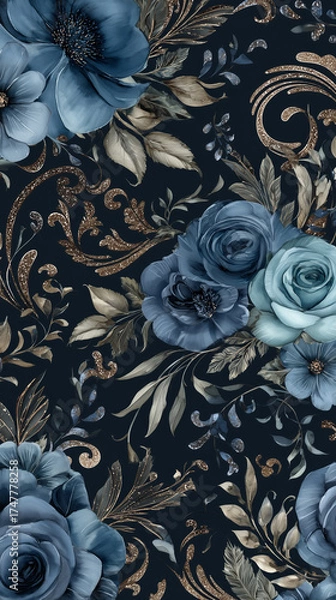 Fototapeta Elegant floral pattern featuring beautiful blue and golden hues. This captivating design showcases intricate details of flowers, leaves, and decorative elements.