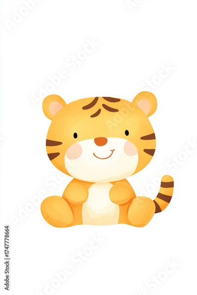 Fototapeta A charming cartoon tiger with a cheerful expression, exuding warmth and playful delight. The adorable tiger is sitting in a relaxed pose