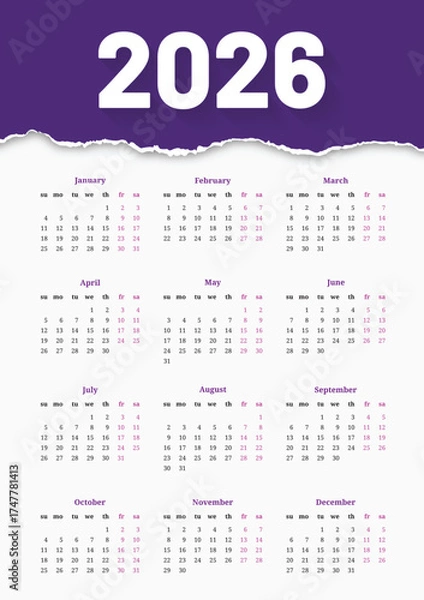 Fototapeta Modern and minimal 2026 calendar template with colorful wave design. Perfect for business, corporate, or personal use. Fully editable and printable layout
