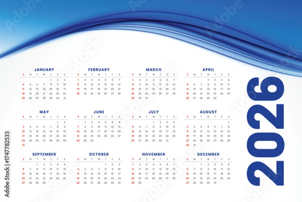 Fototapeta Modern and minimal 2026 calendar template with colorful wave design. Perfect for business, corporate, or personal use. Fully editable and printable layout