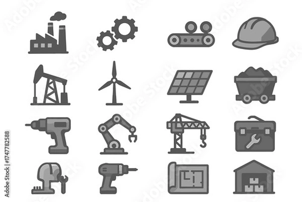 Fototapeta Industrial icons set with oil rig, wind turbine, and factory elements